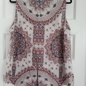 Boho Print Sleeveless Women’s Tank Top - White with Multicolor Medallion Pattern